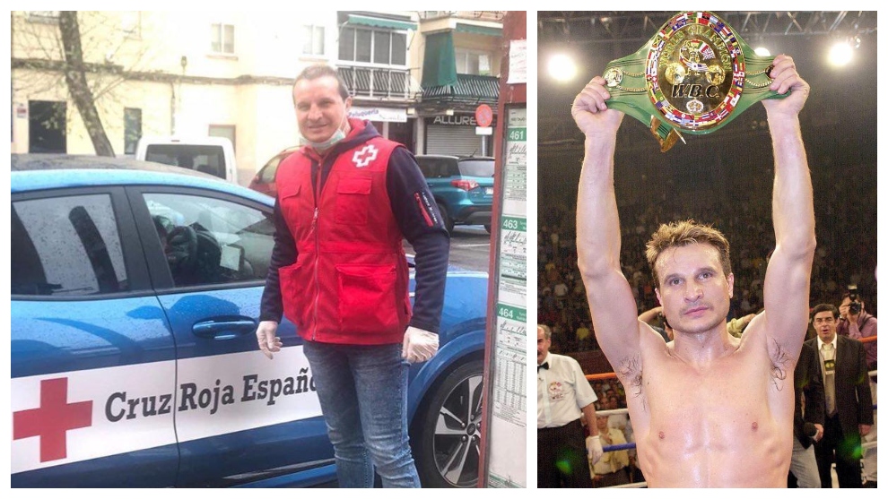 Javi Castillejo levantando el titulo de campeón del mundo de boxeo (derecha) y Javi Castillejo colaborando con la Cruz Roja (izquierda) 